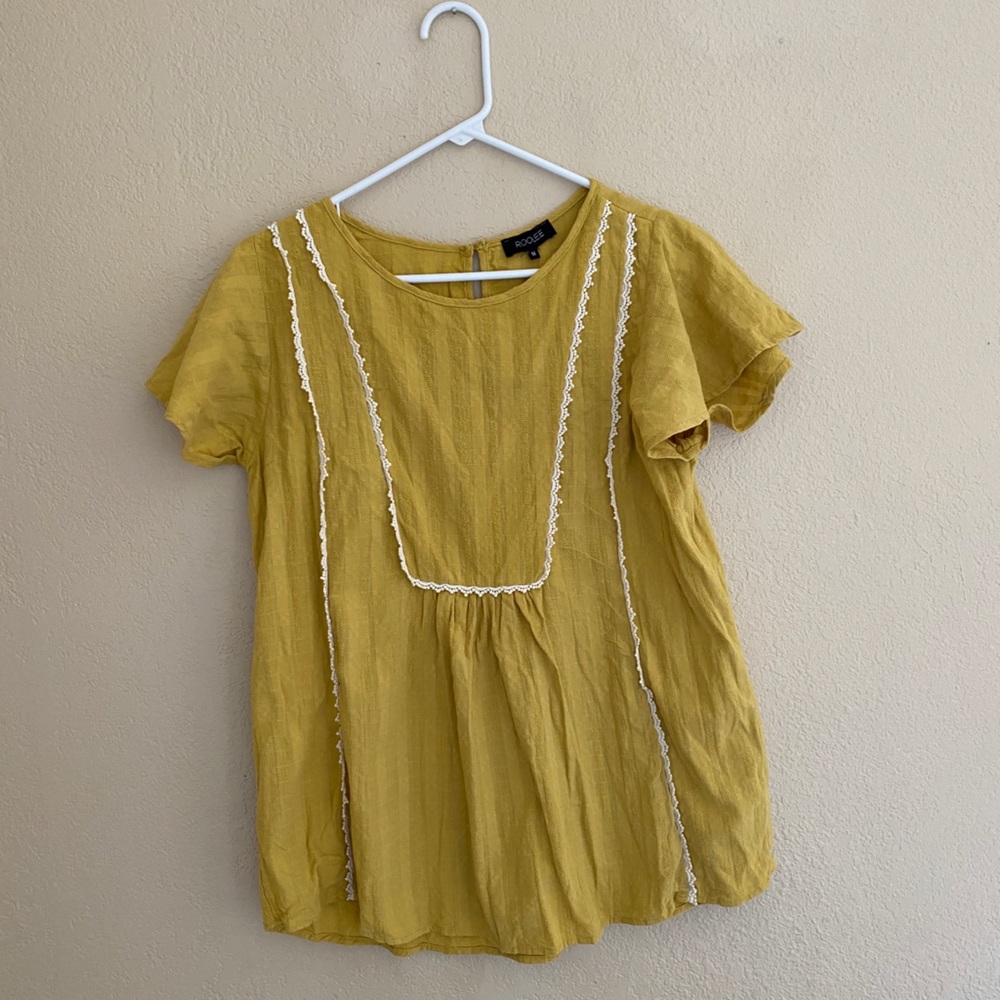 Roolee mustard blouse with white lace detail